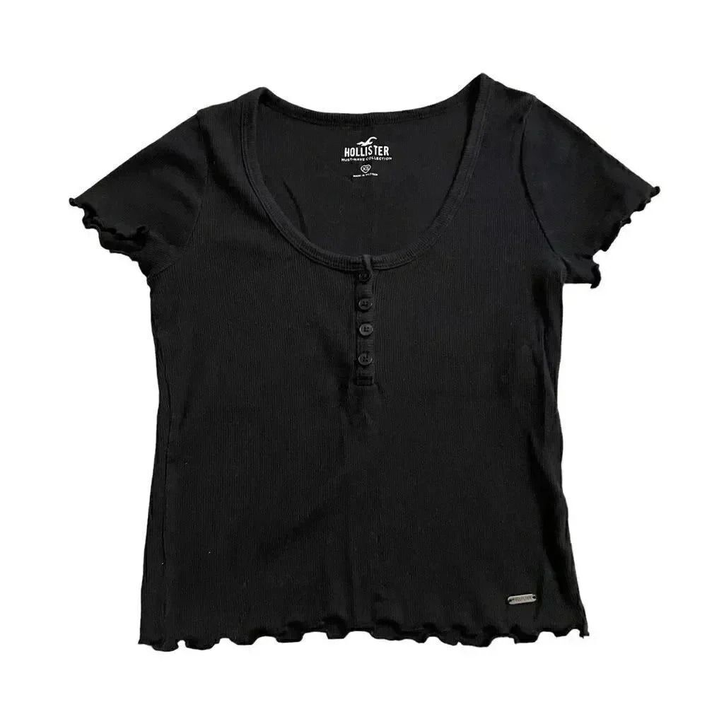 Hollister  Black Scallop Cotton Cropped Short Sleeve Tee Sz XS